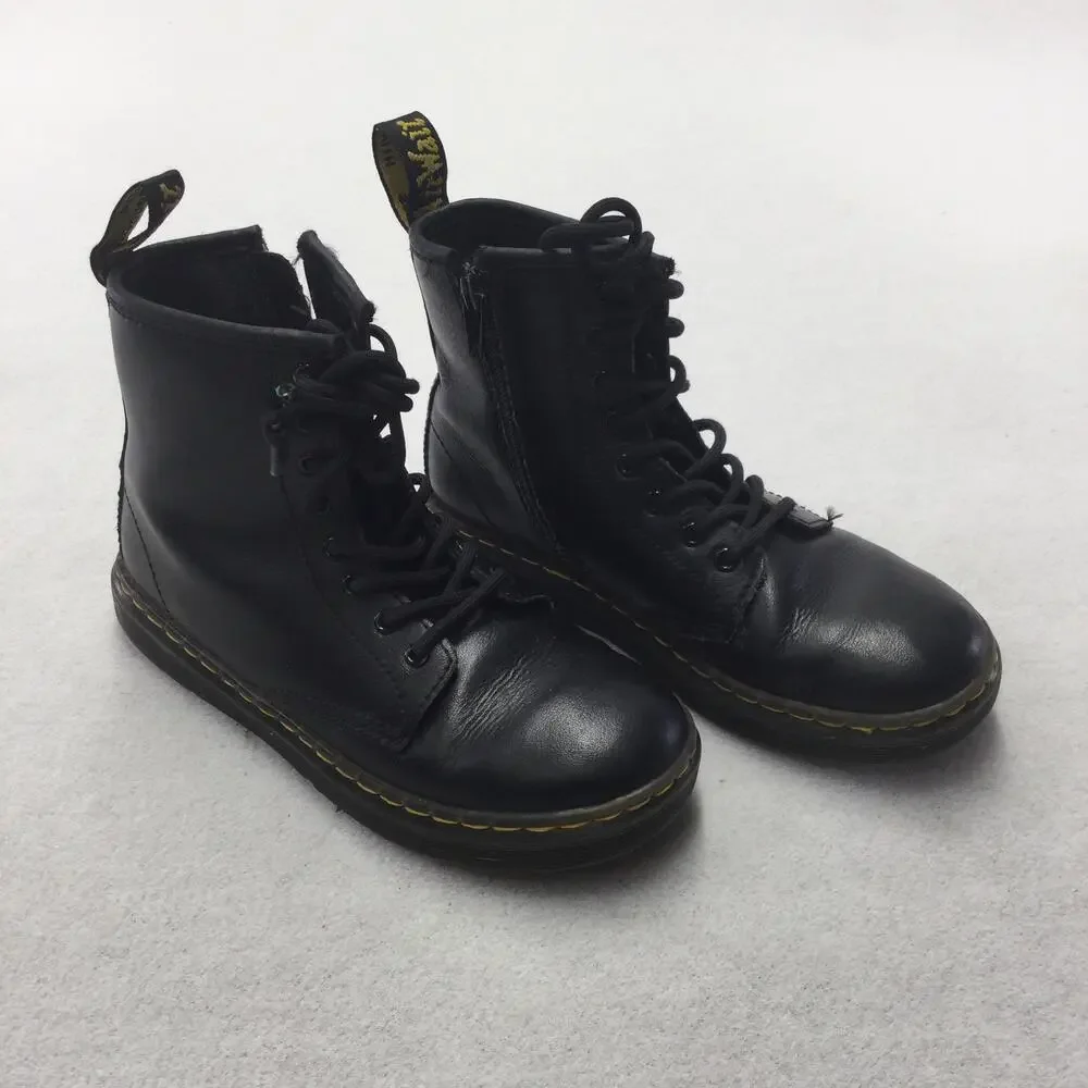 Dr. Martens Boots Youth Size 2 Black Leather Ankle Combat Zip Lace Up Winter